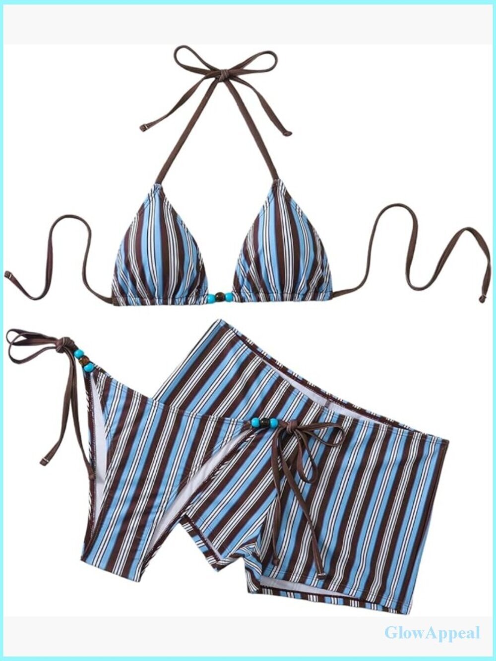 3 Piece Striped Triangle String Bikini Set with Cover Up Shorts